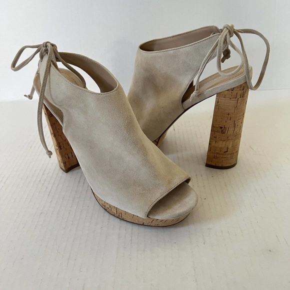 Pour La Victoire Women’s Suede Chunky Cork Heel Peep Toe Size 7.5 Lace Up Tan - Picture 1 of 7